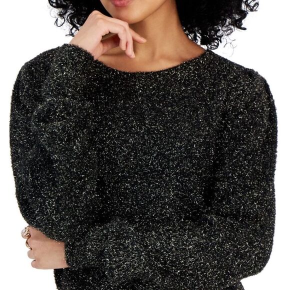 Metallic Eyelash-Knit Black Crewneck Sweater NWT Size Medium Long Sleeve - Picture 2 of 3